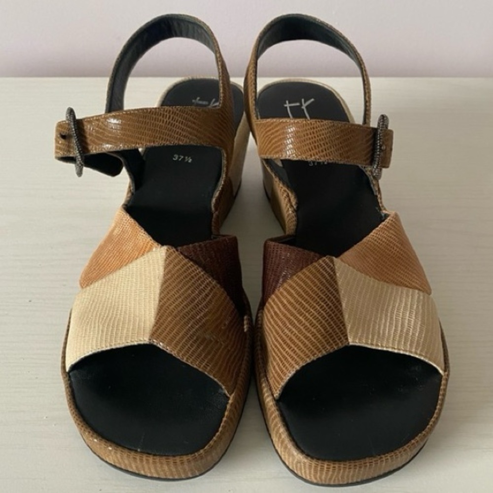 Thierry Rabotin Vintage Patch Work Brown Lizard Leather Wedge Sandals EUC 37.5 - Picture 3 of 8